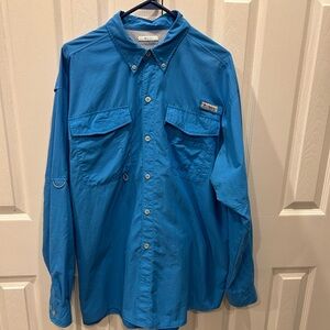Columbia Omni-Shade Men’s Large Blue Nylon Fishing Shirt Long Sleeve Button Down